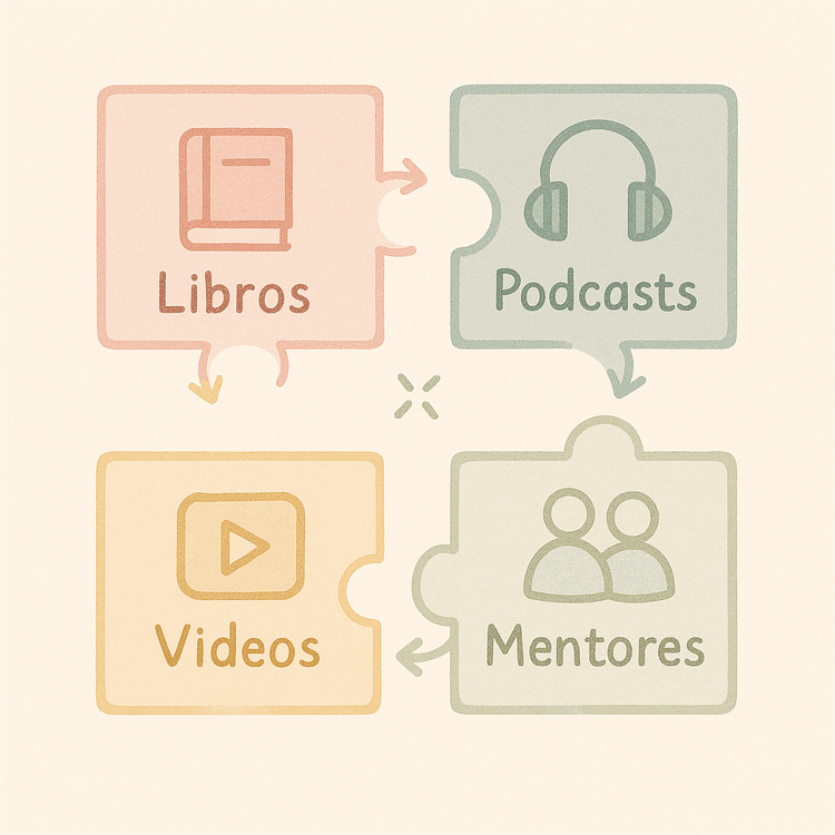 Los 4 pilares del kit: Libros, Podcasts, Videos, Mentores